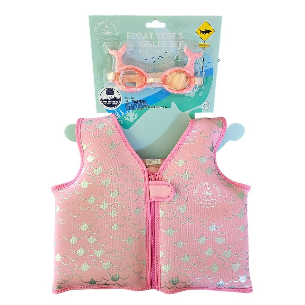 NWT Girls Coconut Grove Float Vest and Googles Pearl Mermaid 40lbs size 2-3yrs
